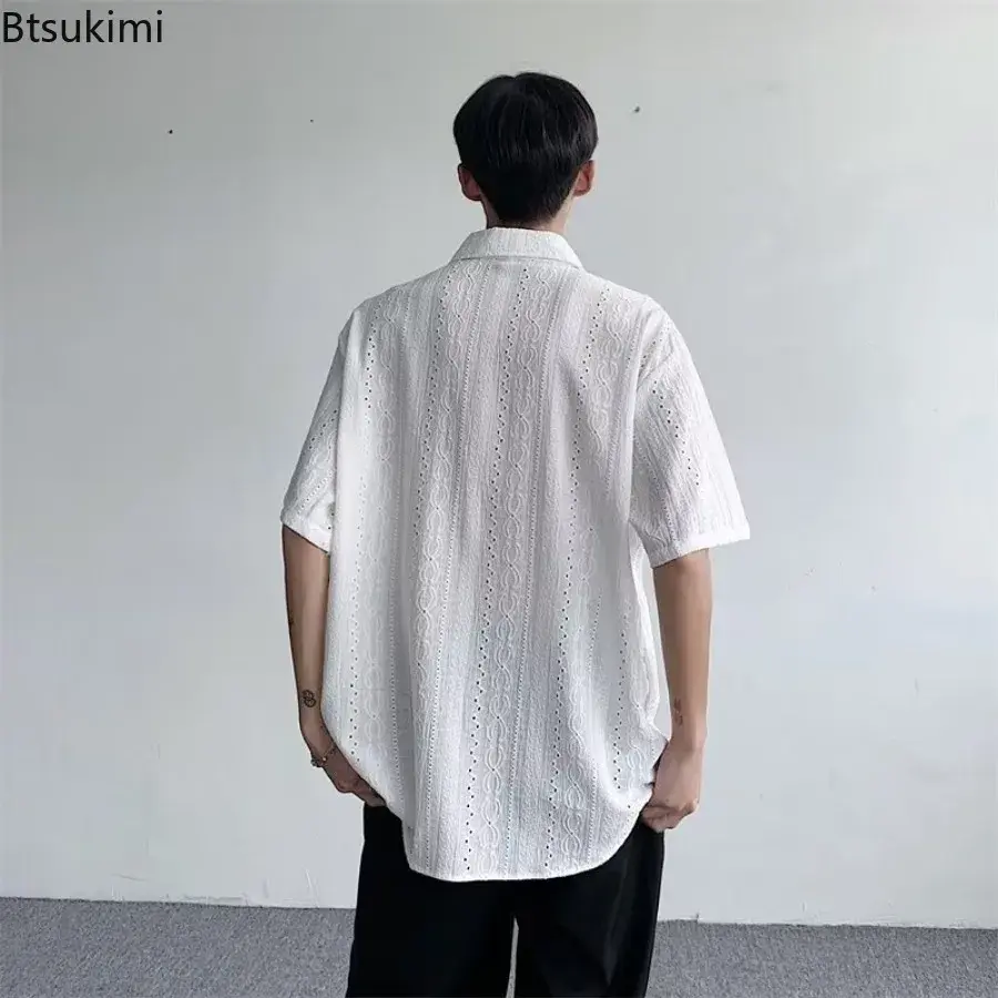 2025Men's Summer Vintage Simple Hollow Out Shirt Tops Trend Cardigan Fashion Japanese Style Casual Streetwear Men All-match Tops