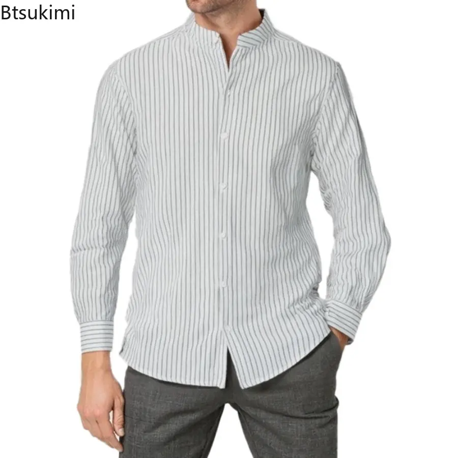 2025 New Spring Autumn New Men's Casual Shirt Business Casual Style Linen Shirt Striped Stand Collar Long Sleeve Cardigan Shirt