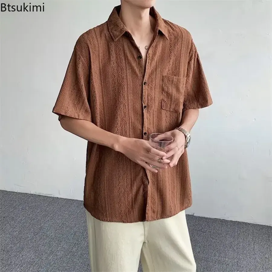 2025Men's Summer Vintage Simple Hollow Out Shirt Tops Trend Cardigan Fashion Japanese Style Casual Streetwear Men All-match Tops