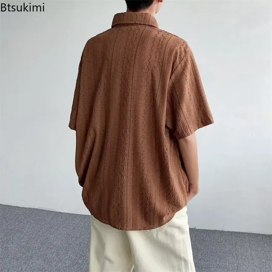2025Men's Summer Vintage Simple Hollow Out Shirt Tops Trend Cardigan Fashion Japanese Style Casual Streetwear Men All-match Tops