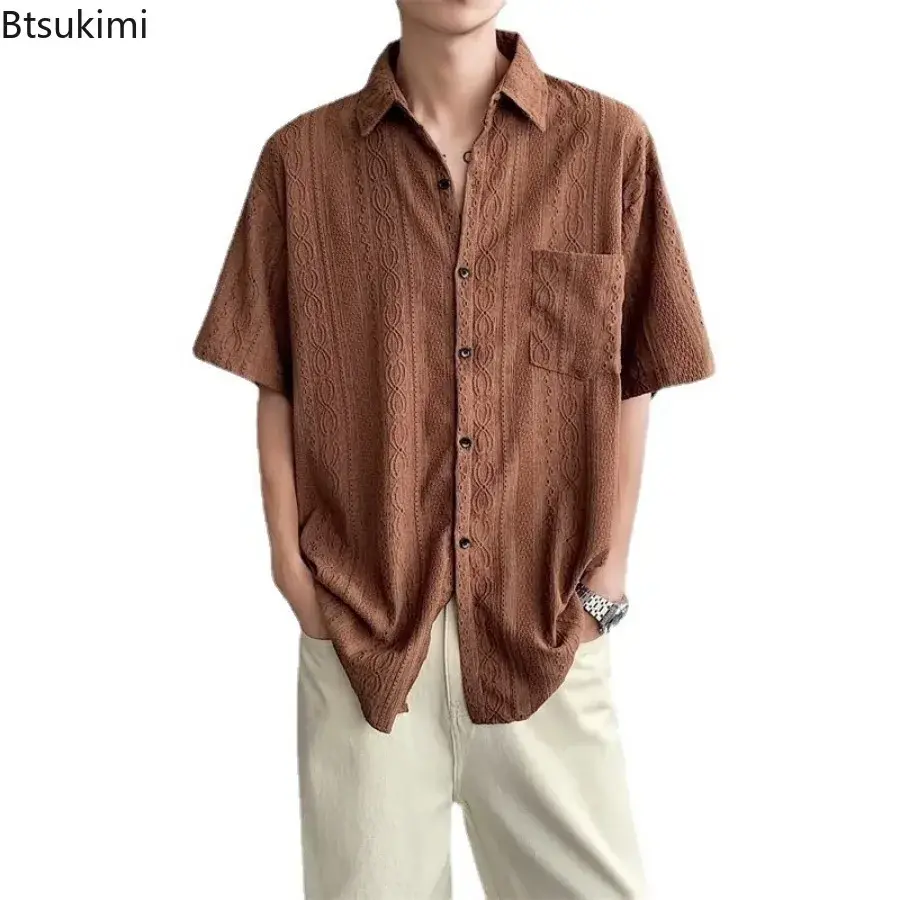 2025Men's Summer Vintage Simple Hollow Out Shirt Tops Trend Cardigan Fashion Japanese Style Casual Streetwear Men All-match Tops