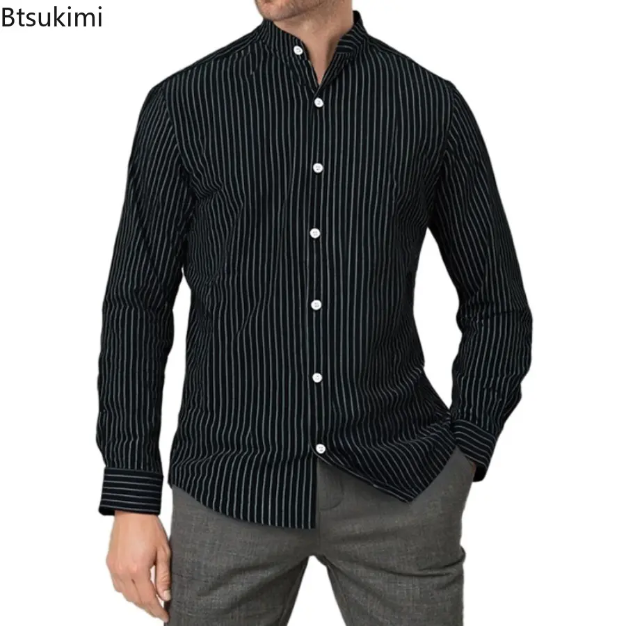 2025 New Spring Autumn New Men's Casual Shirt Business Casual Style Linen Shirt Striped Stand Collar Long Sleeve Cardigan Shirt