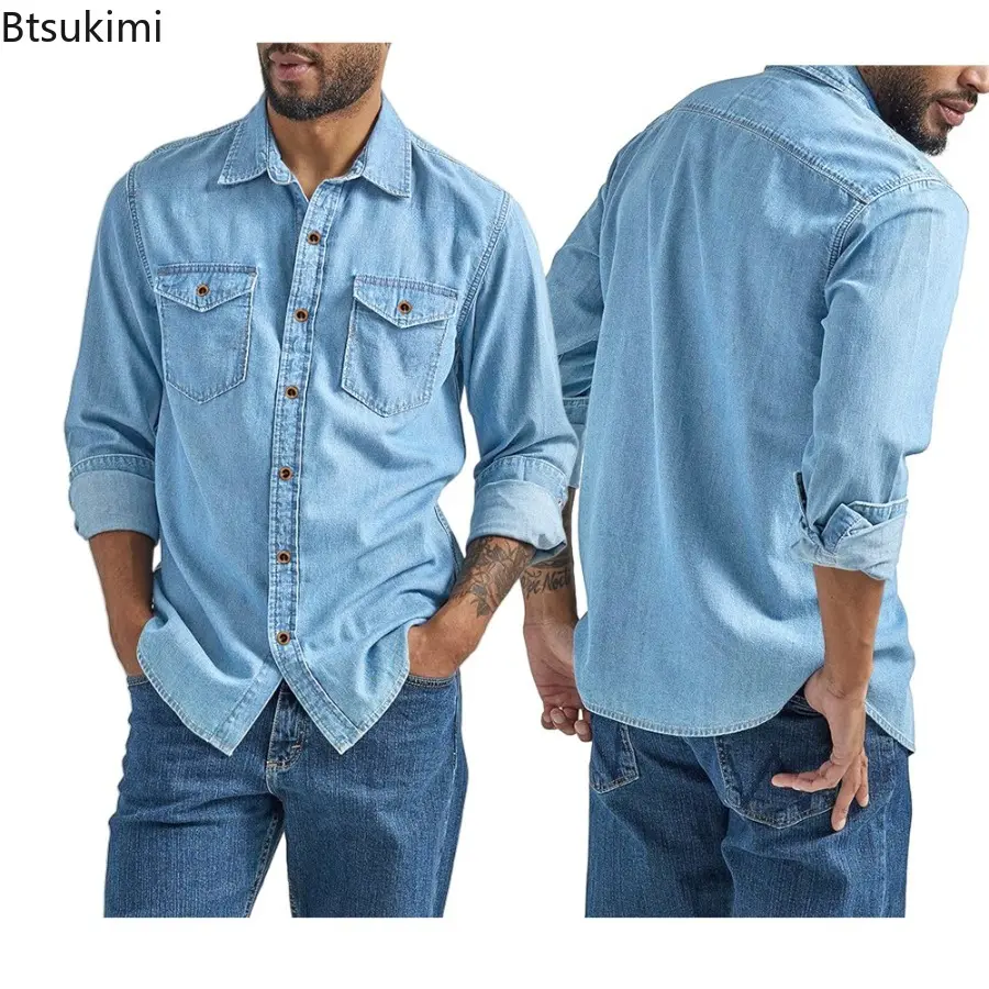 New 2025 Men's Casual Denim Shirts Long Sleeve Button Vintage Blue Washed Cowboy Shirts Slim Fit Outdoor Workwear Tops for Men