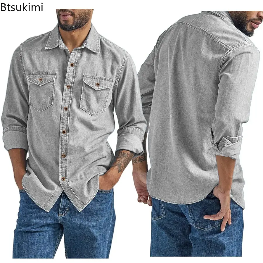 New 2025 Men's Casual Denim Shirts Long Sleeve Button Vintage Blue Washed Cowboy Shirts Slim Fit Outdoor Workwear Tops for Men