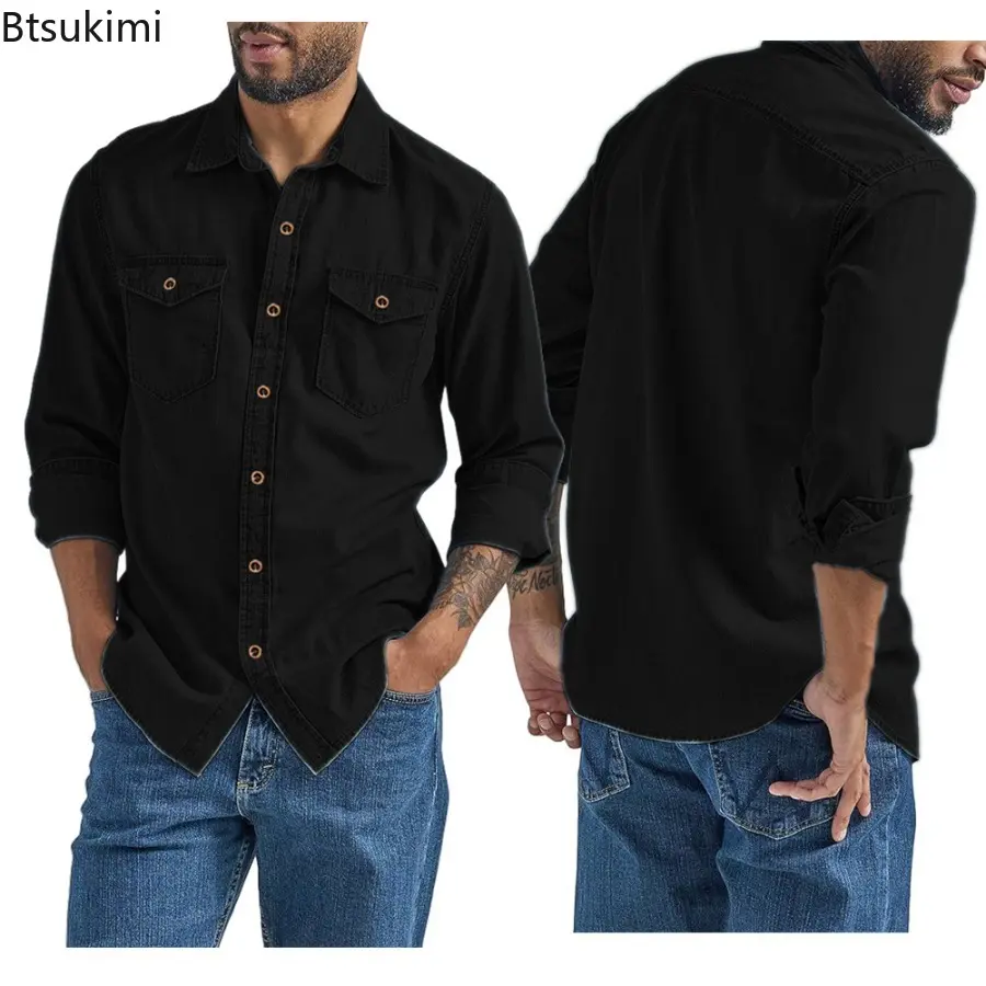 New 2025 Men's Casual Denim Shirts Long Sleeve Button Vintage Blue Washed Cowboy Shirts Slim Fit Outdoor Workwear Tops for Men