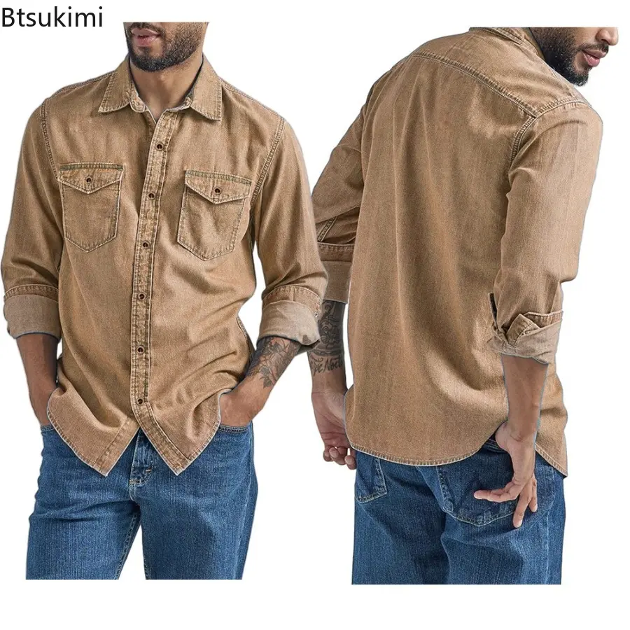 New 2025 Men's Casual Denim Shirts Long Sleeve Button Vintage Blue Washed Cowboy Shirts Slim Fit Outdoor Workwear Tops for Men