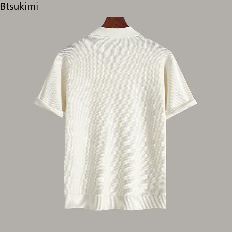 2025 Summer Men's Solid Color Simple Collar Polo Shirt Old Money Style Casual Ribbed Sports Knitted Short Sleeve Shirt for Men