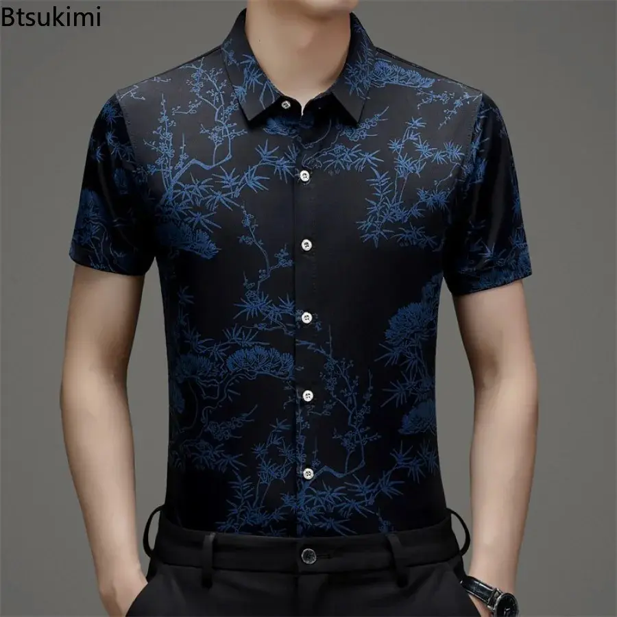 Hot Sale New Men's Summer Floral Printed Short-sleeved Ice Silk Shirts Fashion and Comfort Jacquard Business Casual Male Blouses