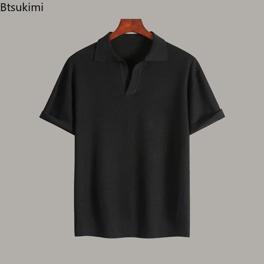 2025 Summer Men's Solid Color Simple Collar Polo Shirt Old Money Style Casual Ribbed Sports Knitted Short Sleeve Shirt for Men