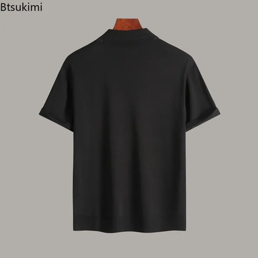 2025 Summer Men's Solid Color Simple Collar Polo Shirt Old Money Style Casual Ribbed Sports Knitted Short Sleeve Shirt for Men