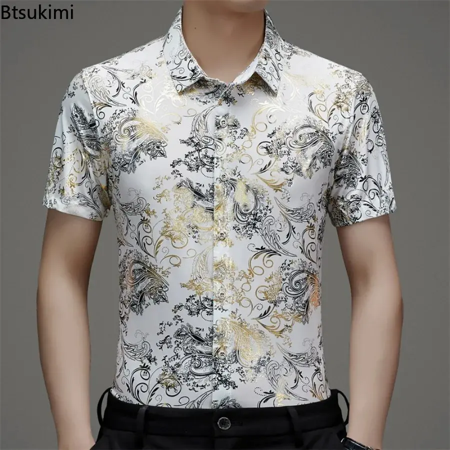 Hot Sale New Men's Summer Floral Printed Short-sleeved Ice Silk Shirts Fashion and Comfort Jacquard Business Casual Male Blouses