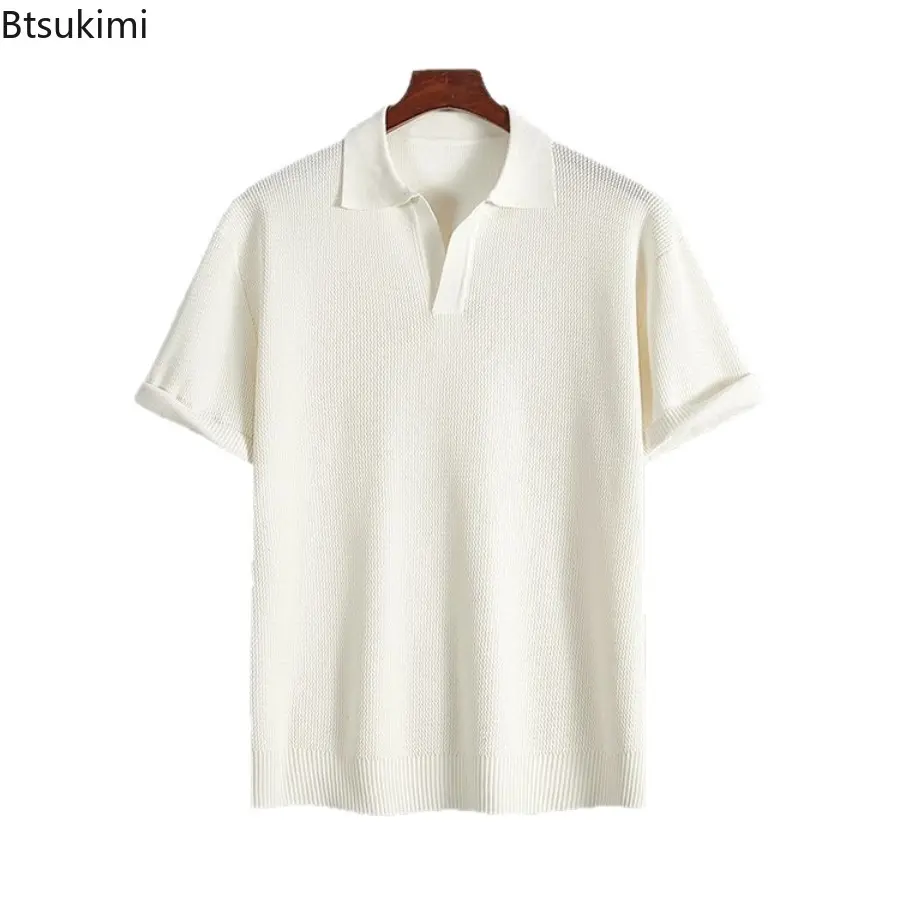 2025 Summer Men's Solid Color Simple Collar Polo Shirt Old Money Style Casual Ribbed Sports Knitted Short Sleeve Shirt for Men