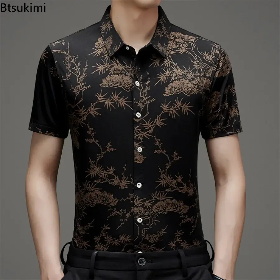 Hot Sale New Men's Summer Floral Printed Short-sleeved Ice Silk Shirts Fashion and Comfort Jacquard Business Casual Male Blouses