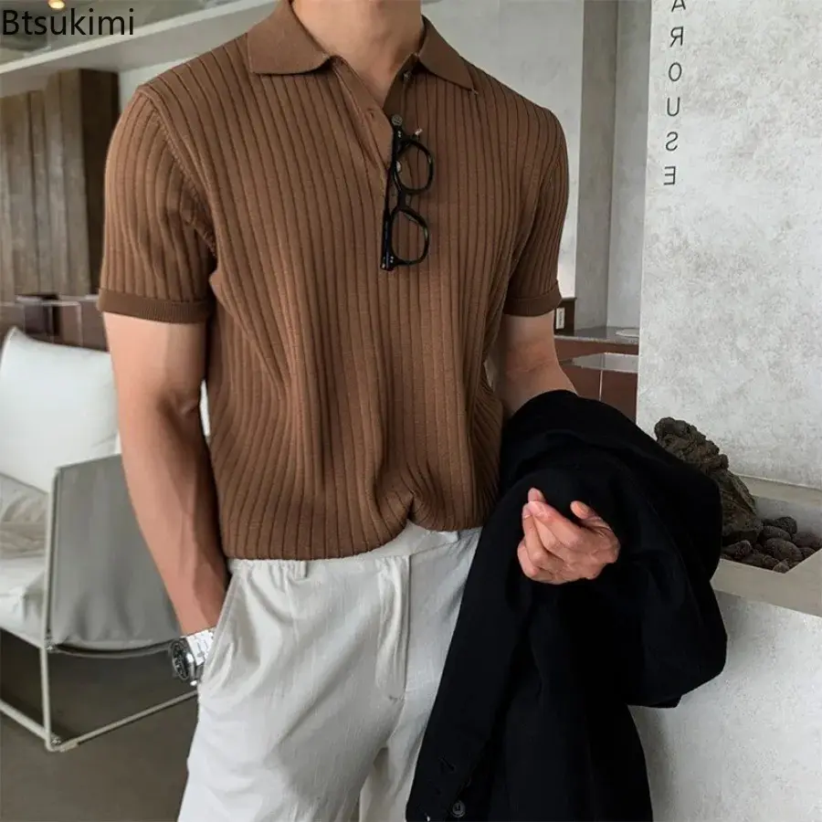 Brand New Men's Summer Thin Knitted Polo Shirts Fashion Casual Short-sleeved Lapel Knit Pullover 2025 Men Vintage Versatile Tops