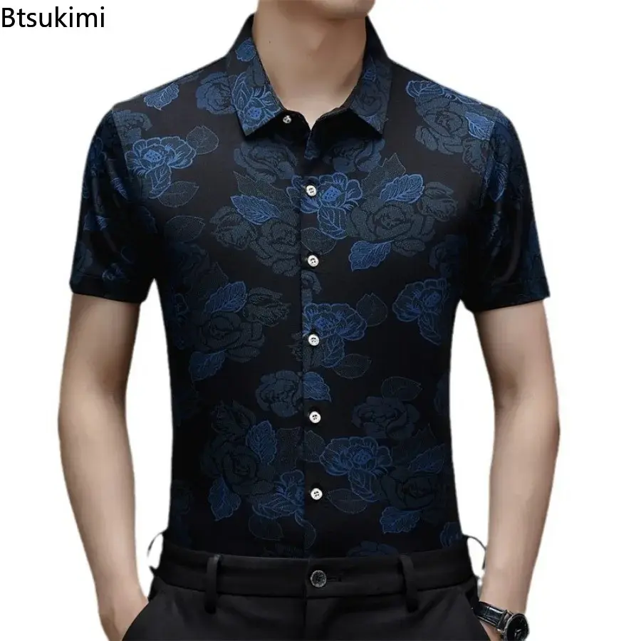Hot Sale New Men's Summer Floral Printed Short-sleeved Ice Silk Shirts Fashion and Comfort Jacquard Business Casual Male Blouses