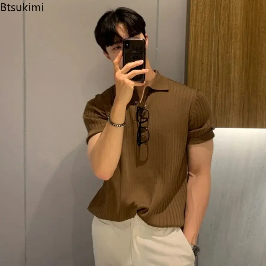Brand New Men's Summer Thin Knitted Polo Shirts Fashion Casual Short-sleeved Lapel Knit Pullover 2025 Men Vintage Versatile Tops
