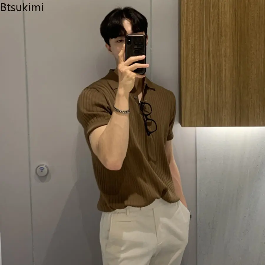 Brand New Men's Summer Thin Knitted Polo Shirts Fashion Casual Short-sleeved Lapel Knit Pullover 2025 Men Vintage Versatile Tops