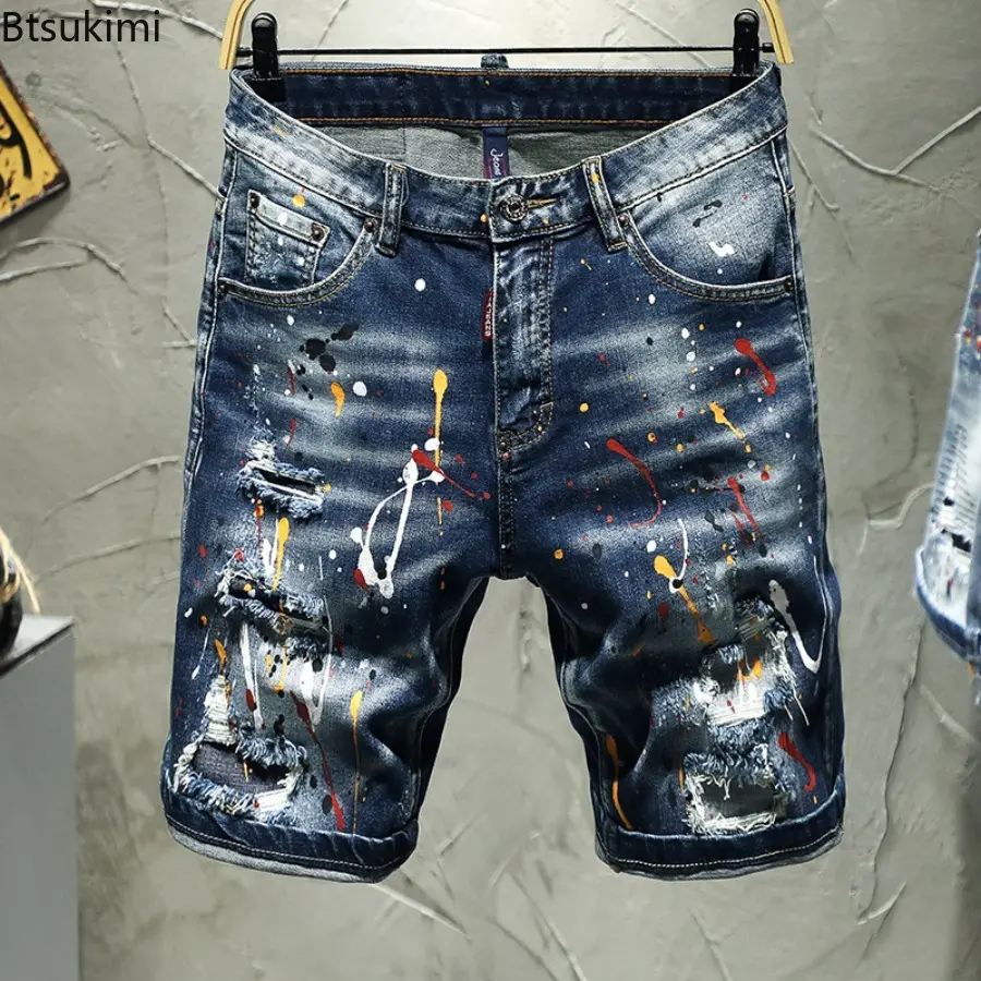 Summer Street Style Men's Hole Denim Shorts Trend Vintage Patchwork Casual Short Jeans High Quality Stretch Slim Trouser for Men