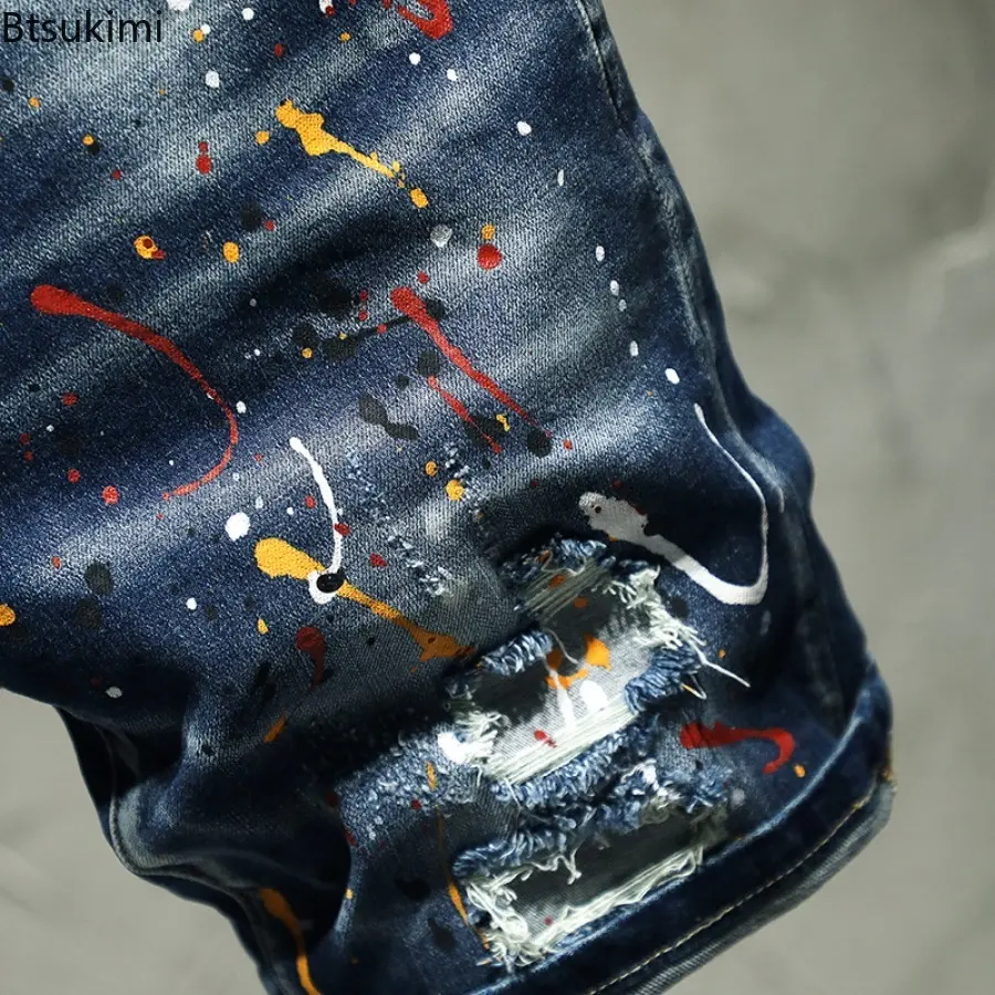 Summer Street Style Men's Hole Denim Shorts Trend Vintage Patchwork Casual Short Jeans High Quality Stretch Slim Trouser for Men