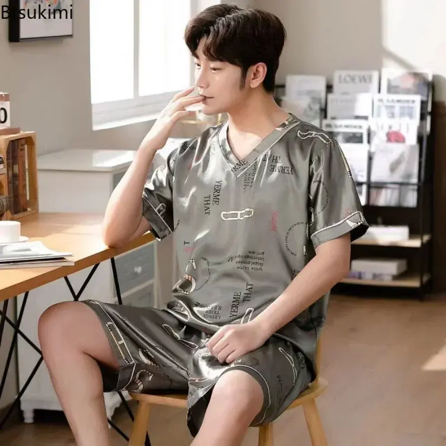 Summer Fashion Men's Silk Pajama Sets Short Sleeve Print Pullover and Shorts Homewear Suit New Men Comfy Satin Casual Nightwear