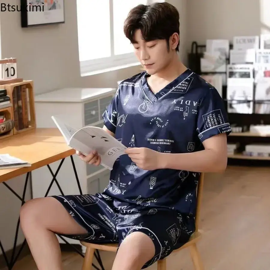 Summer Fashion Men's Silk Pajama Sets Short Sleeve Print Pullover and Shorts Homewear Suit New Men Comfy Satin Casual Nightwear