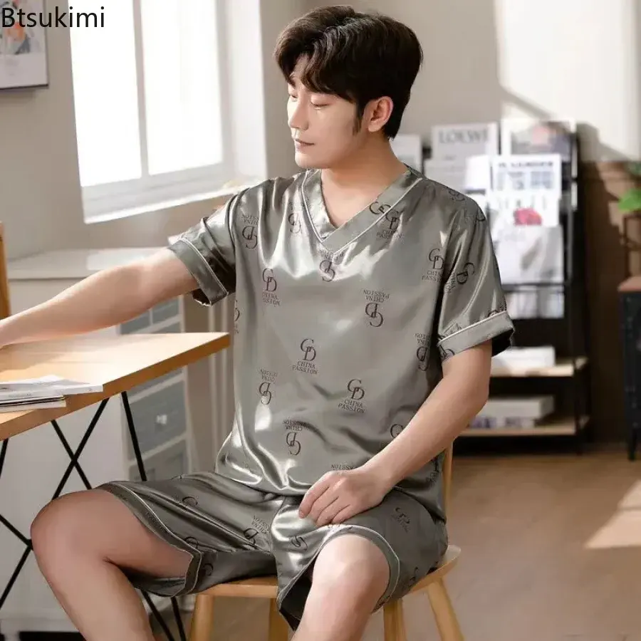 Summer Fashion Men's Silk Pajama Sets Short Sleeve Print Pullover and Shorts Homewear Suit New Men Comfy Satin Casual Nightwear