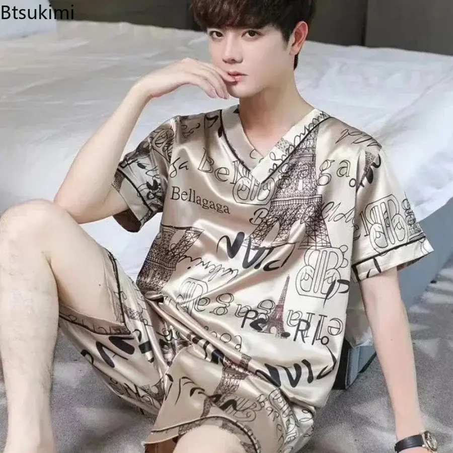 Summer Fashion Men's Silk Pajama Sets Short Sleeve Print Pullover and Shorts Homewear Suit New Men Comfy Satin Casual Nightwear