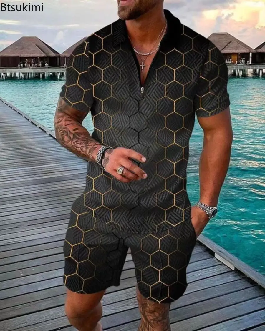 Summer Contrast Color Men's Short-sleeve Tracksuit Fashion 3D Printed Casual Two-pieces Men Social Sport Golf Outfit Shorts Sets