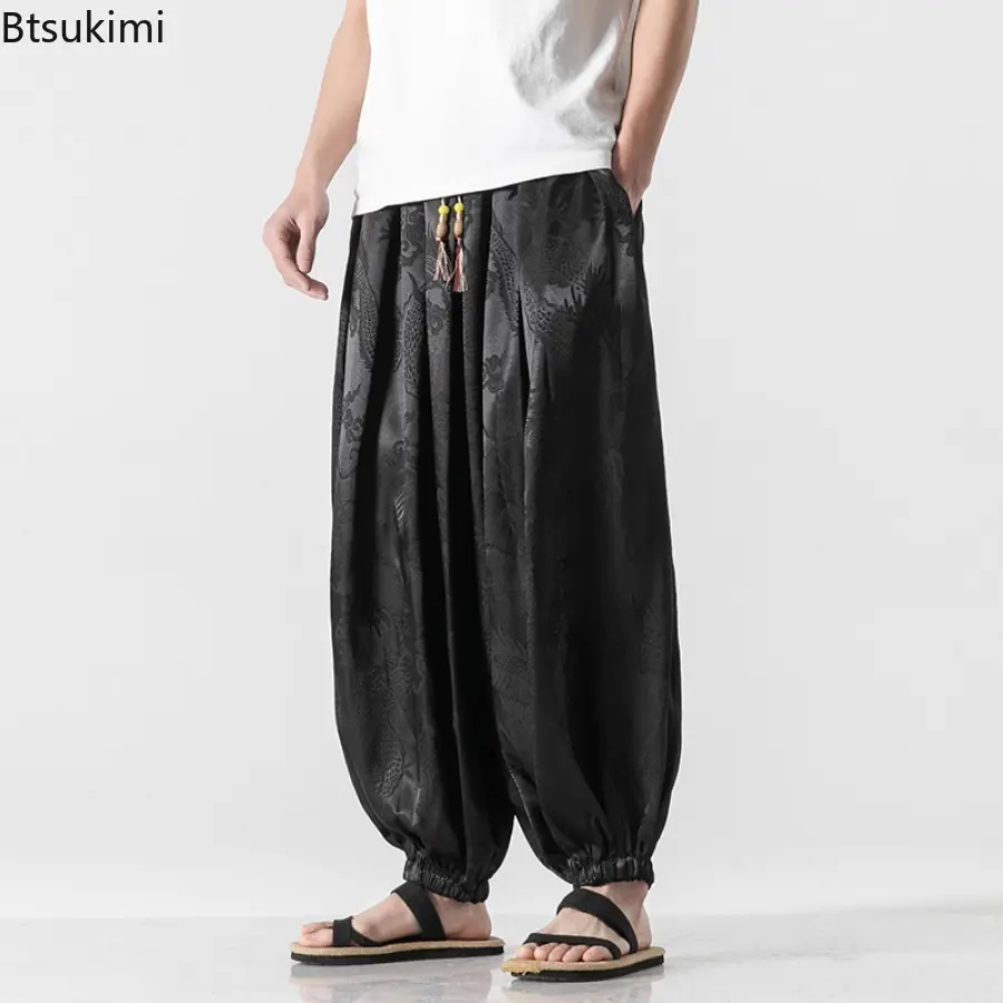 2025 New Ice Silk Baggy Pants Men's Retro Dragon Pattern Print Harem Pants Fashion Loose Casual Harajuku Style Trousers for Men