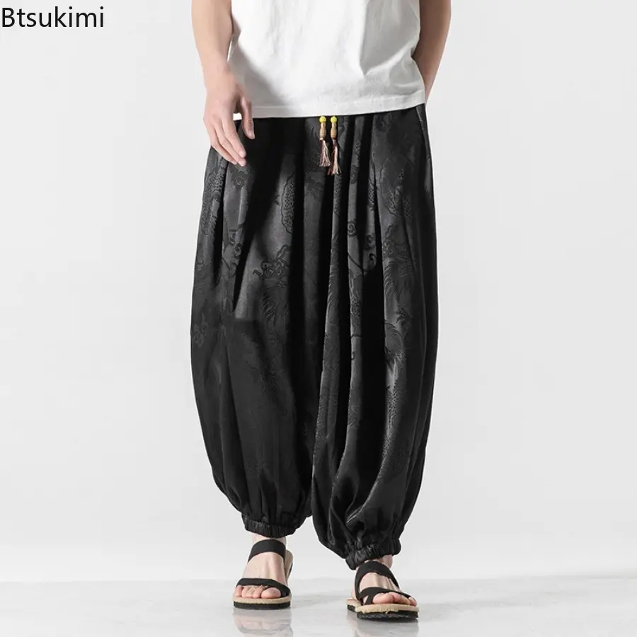 2025 New Ice Silk Baggy Pants Men's Retro Dragon Pattern Print Harem Pants Fashion Loose Casual Harajuku Style Trousers for Men