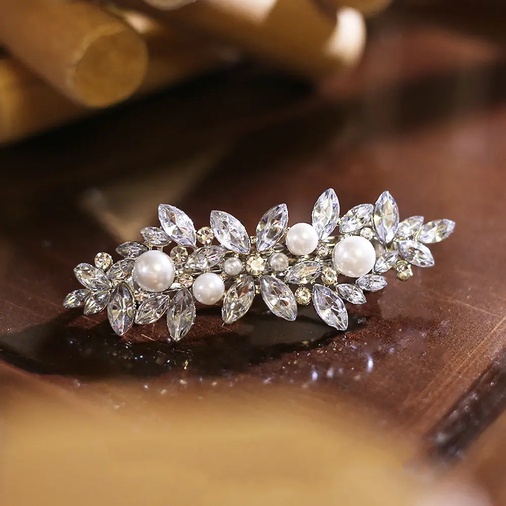 Luxury Rhinestones Faux Pearl Spring Clip Women Elegant Crystal Leaf Flower Hairpins For Bridal Wedding Headdress Accessories