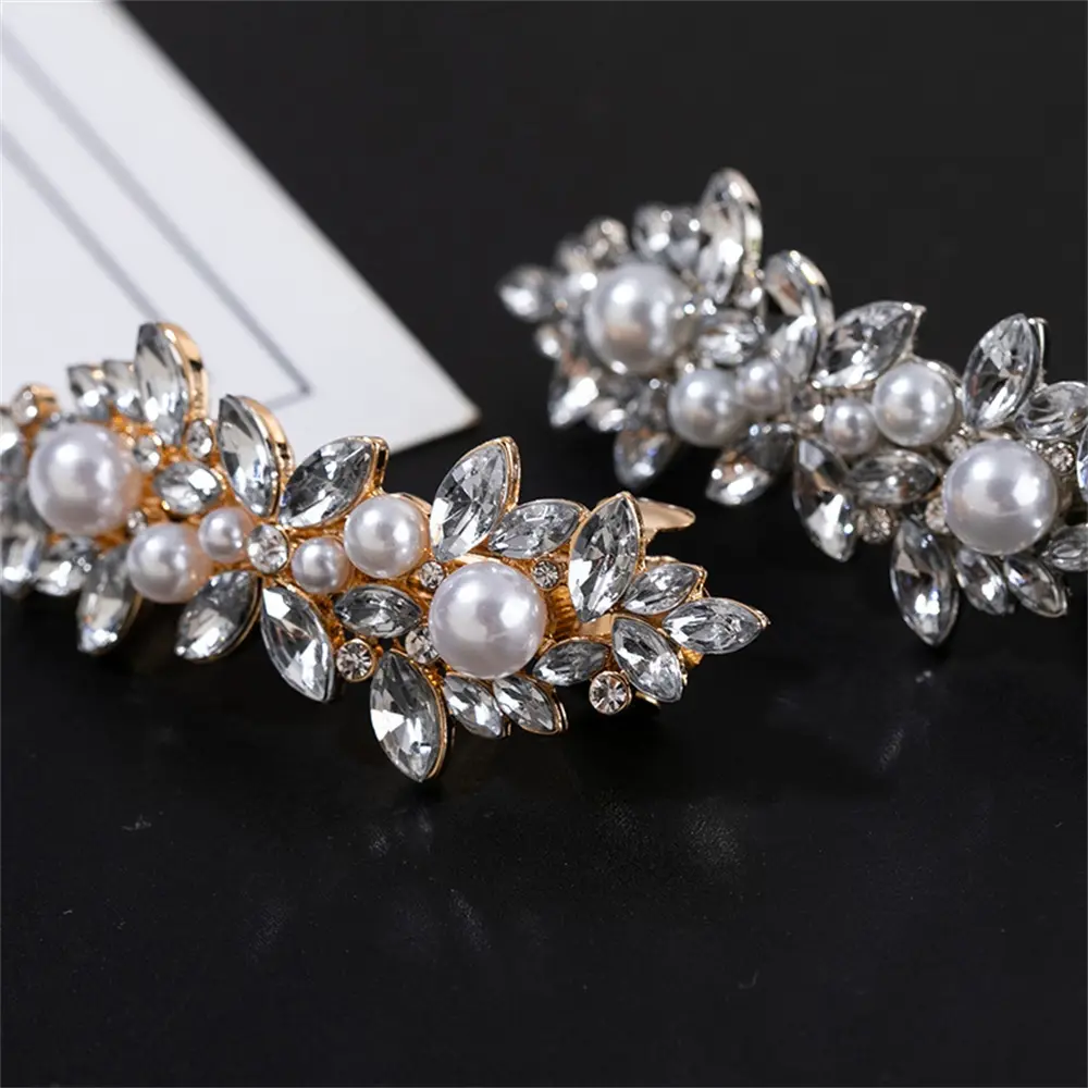 Luxury Rhinestones Faux Pearl Spring Clip Women Elegant Crystal Leaf Flower Hairpins For Bridal Wedding Headdress Accessories