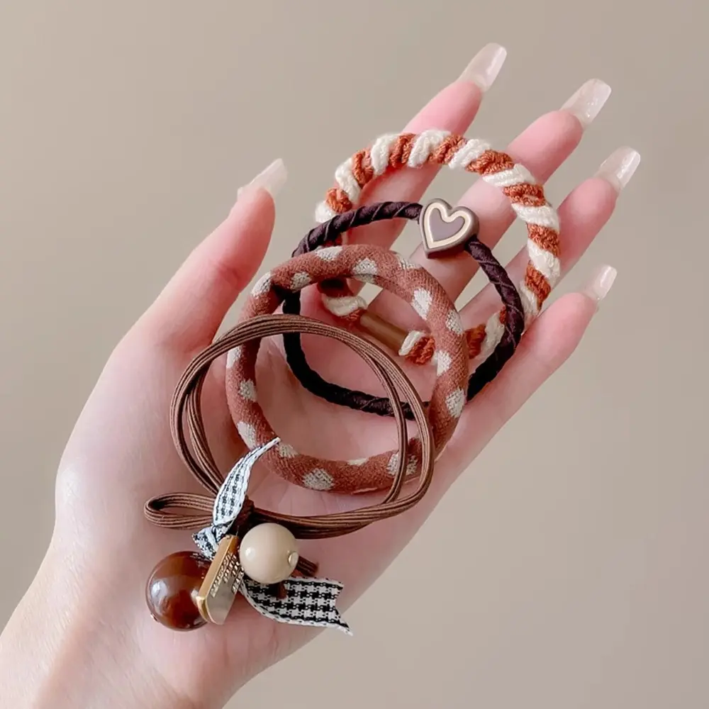 4pcs/Set Heart-Shaped Bowknot Hair Rope Mixed Seamless Plaid Hair Ring Elastic Beaded Hair Loop For Girl Ponytail Rubber Band