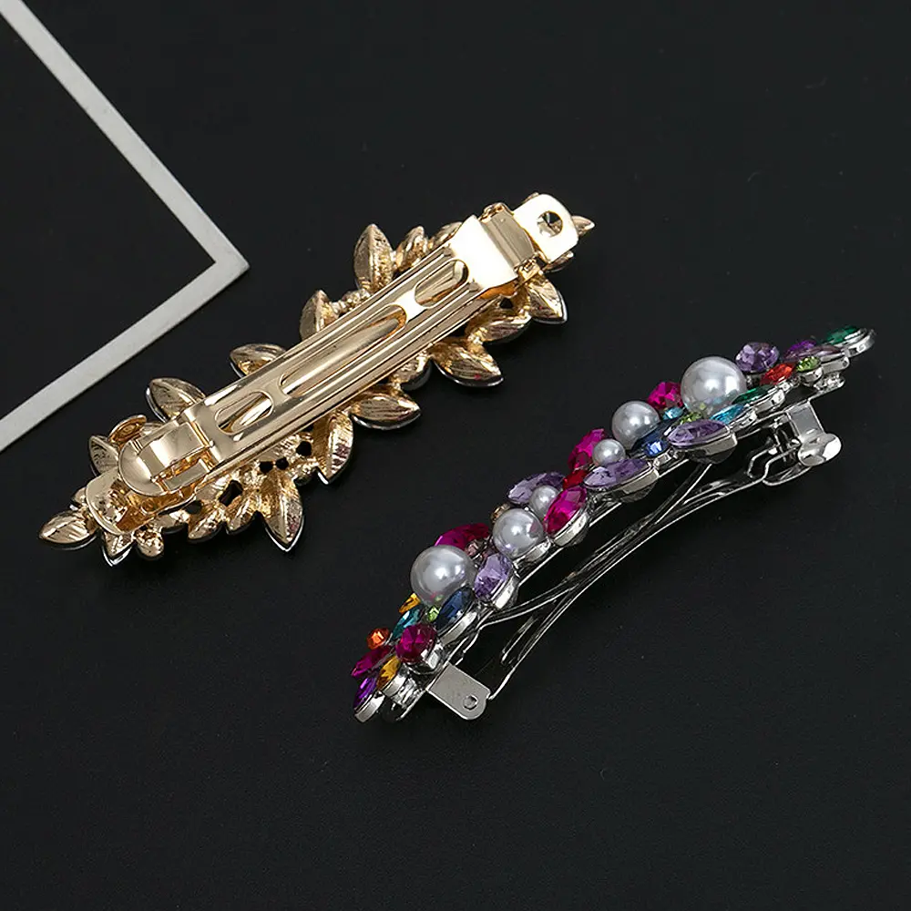Luxury Rhinestones Faux Pearl Spring Clip Women Elegant Crystal Leaf Flower Hairpins For Bridal Wedding Headdress Accessories