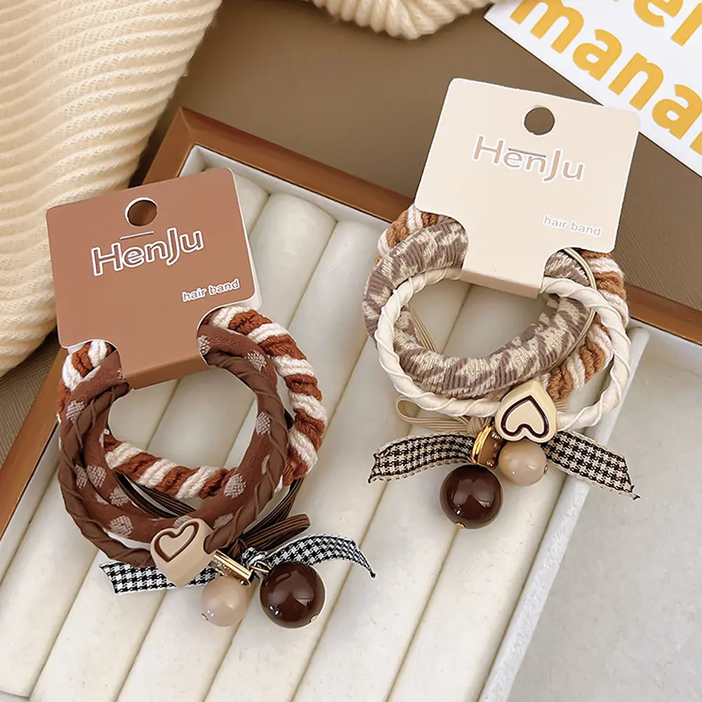 4pcs/Set Heart-Shaped Bowknot Hair Rope Mixed Seamless Plaid Hair Ring Elastic Beaded Hair Loop For Girl Ponytail Rubber Band