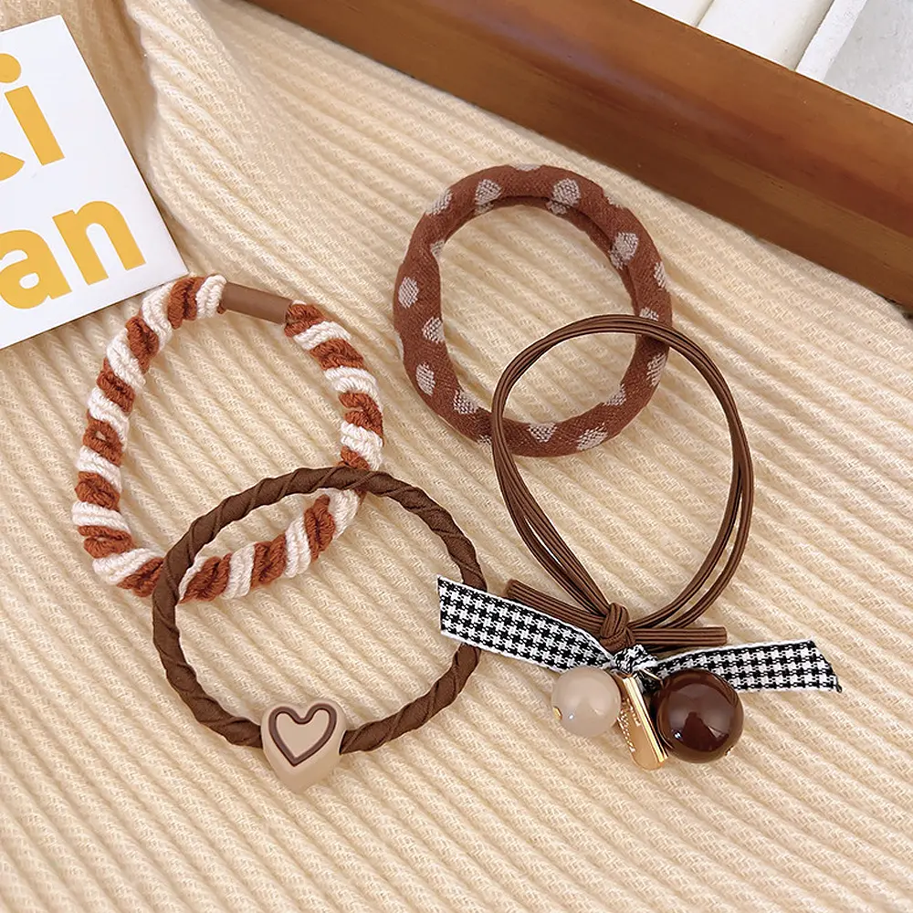 4pcs/Set Heart-Shaped Bowknot Hair Rope Mixed Seamless Plaid Hair Ring Elastic Beaded Hair Loop For Girl Ponytail Rubber Band