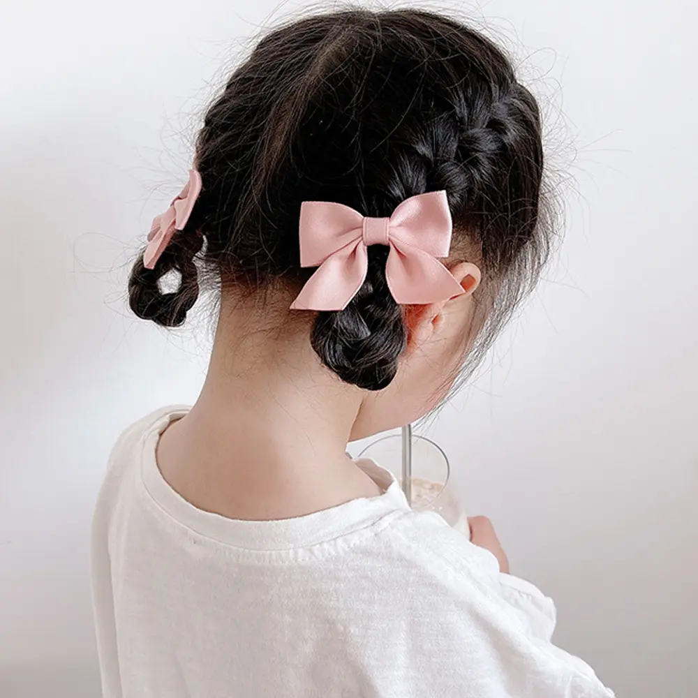 2pcs/Set Sweet Satin Bows Hair Clip Kid Girls Solid Color Ribbon Duckbill Barrettes Toddlers Daily Use Headwear Gift