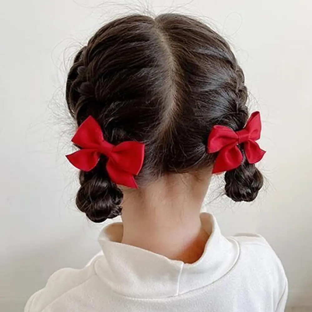 2pcs/Set Sweet Satin Bows Hair Clip Kid Girls Solid Color Ribbon Duckbill Barrettes Toddlers Daily Use Headwear Gift
