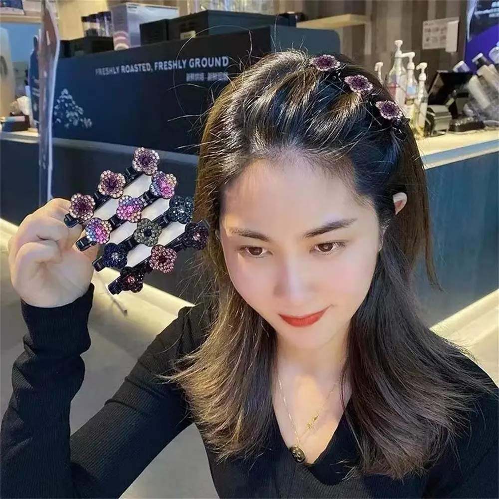 Sparkling Crystal Stone Hair Clips 3 Flower Diamonds Barrettes For Women Girls Sweet Rhinestones Braided Duckbill Hairpin
