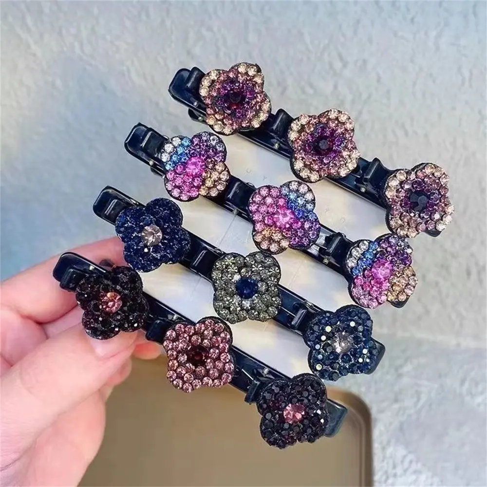 Sparkling Crystal Stone Hair Clips 3 Flower Diamonds Barrettes For Women Girls Sweet Rhinestones Braided Duckbill Hairpin