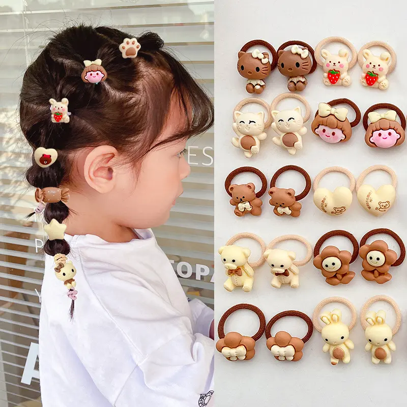 10Pcs/Set Cute Cartoon Chocolate Elastic Small Hair Bands Aniaml Flower Bear Rabbit Hair Ties Rope Girls Rubber Ponytail Scrunch