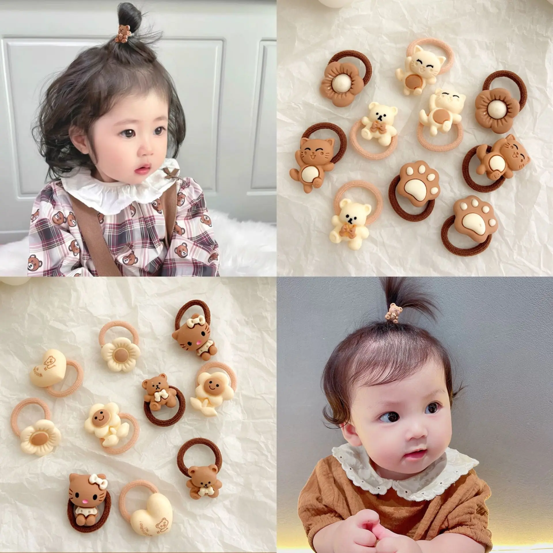 10Pcs/Set Cute Cartoon Chocolate Elastic Small Hair Bands Aniaml Flower Bear Rabbit Hair Ties Rope Girls Rubber Ponytail Scrunch