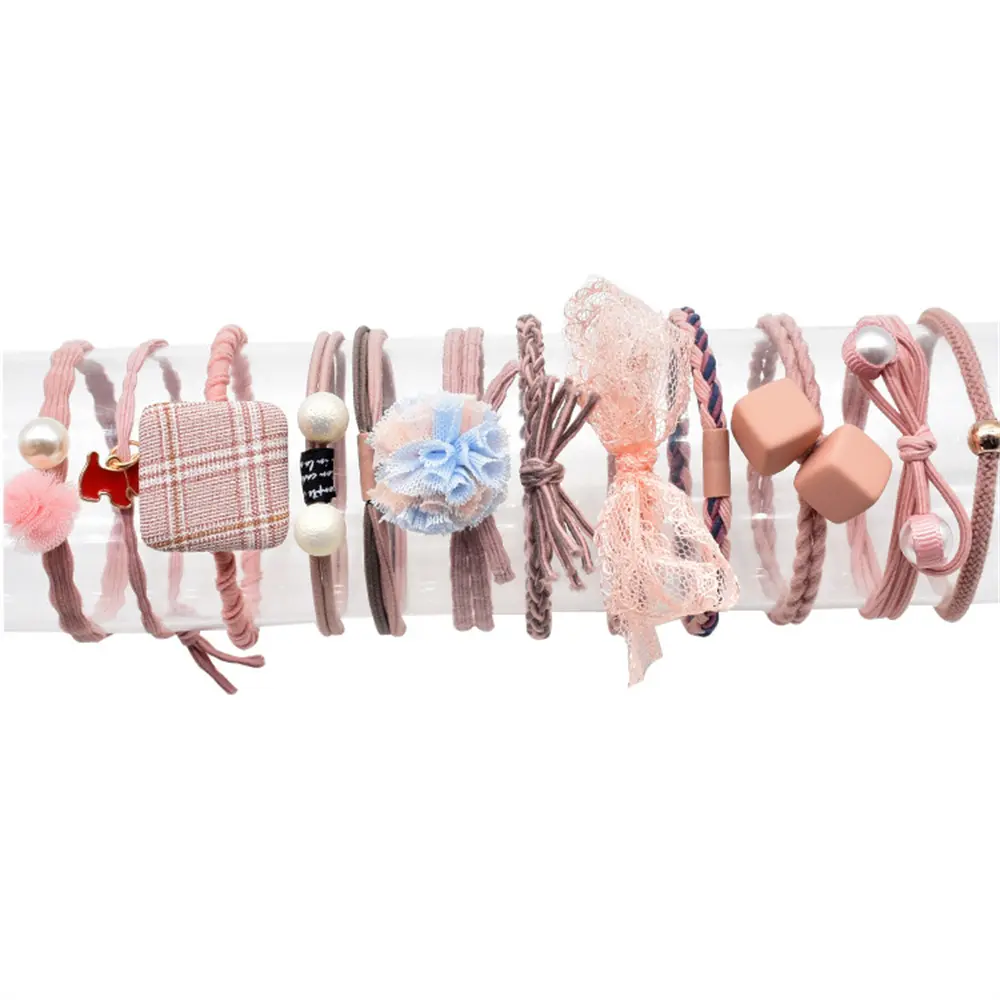 12Pcs/Set Pearl Hair Ties For Women Cute Bows Flowers Elastic Hairband Girls Breves Sets Rubber Hair Rope Rings Ponytail Holder