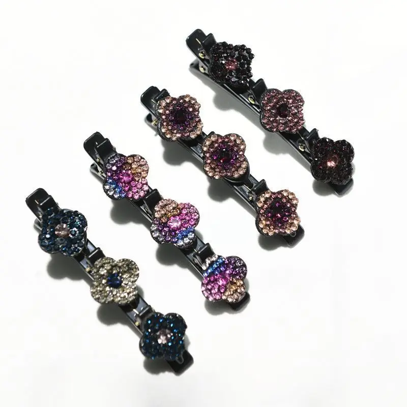 Sparkling Crystal Stone Hair Clips 3 Flower Diamonds Barrettes For Women Girls Sweet Rhinestones Braided Duckbill Hairpin