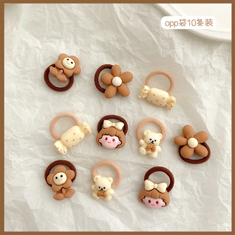 10Pcs/Set Cute Cartoon Chocolate Elastic Small Hair Bands Aniaml Flower Bear Rabbit Hair Ties Rope Girls Rubber Ponytail Scrunch