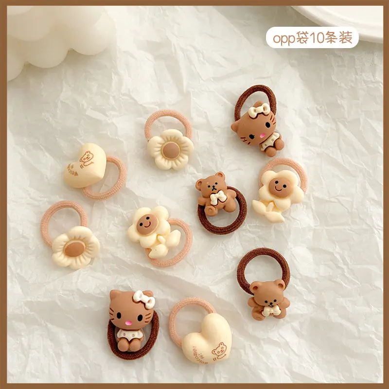 10Pcs/Set Cute Cartoon Chocolate Elastic Small Hair Bands Aniaml Flower Bear Rabbit Hair Ties Rope Girls Rubber Ponytail Scrunch