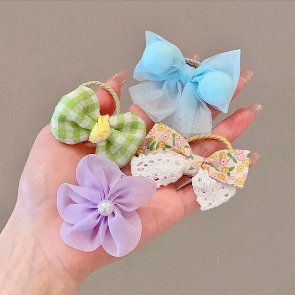 10pcs/Set Bowknot Hair Ties Cloth Flower Charms Hair Loop Mixed Color Elastic Ponytail Holder Rubber Bands For Toddler Girls