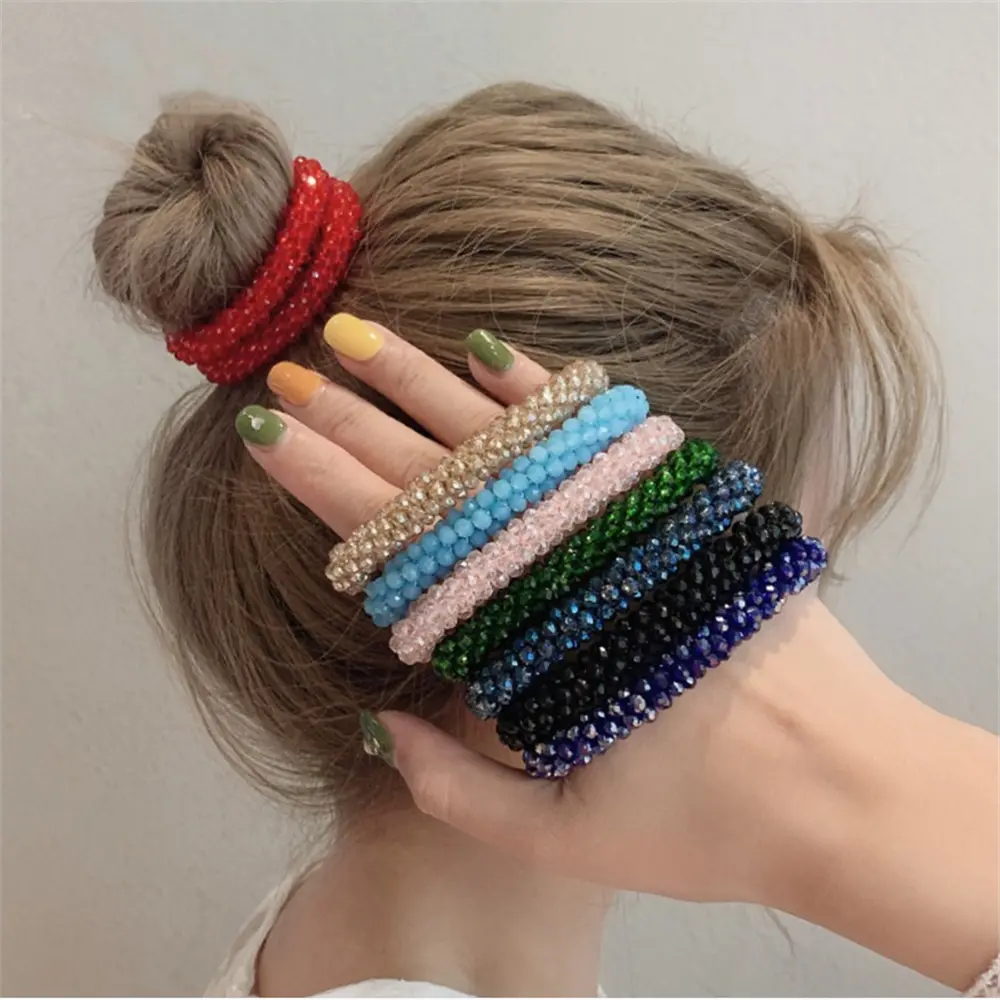 Fashion Crystal Beads Hair Ties for Women Girl Shiny Rhinestone Ball Ponytail Scrunchies Elastic Hair Bands Summer Hair Ring