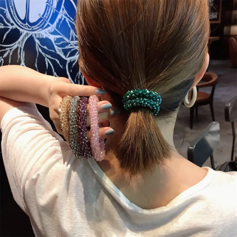 Fashion Crystal Beads Hair Ties for Women Girl Shiny Rhinestone Ball Ponytail Scrunchies Elastic Hair Bands Summer Hair Ring