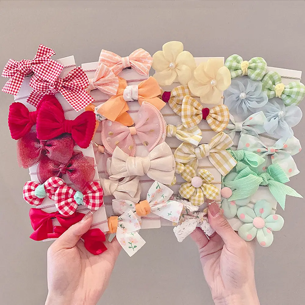 10pcs/Set Bowknot Hair Ties Cloth Flower Charms Hair Loop Mixed Color Elastic Ponytail Holder Rubber Bands For Toddler Girls